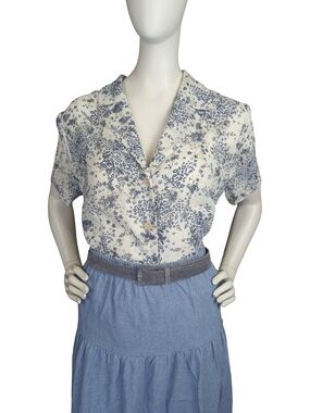 Vintage Laura Blue Cream Floral Blouse Romantic Feminine Coastal Boho Size 12